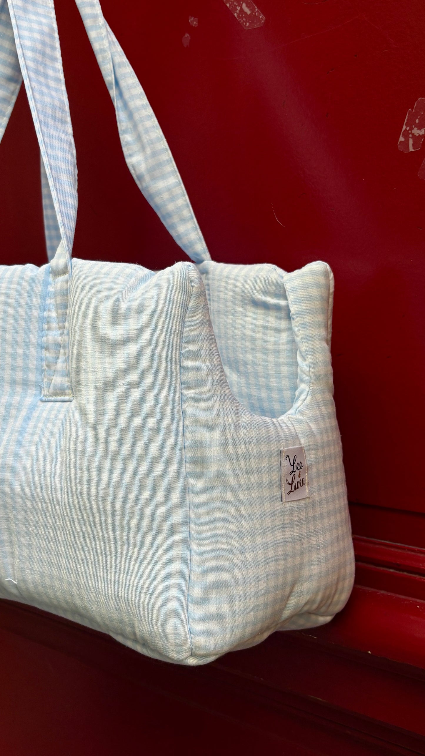 Sac de transport vichy bleu pastel