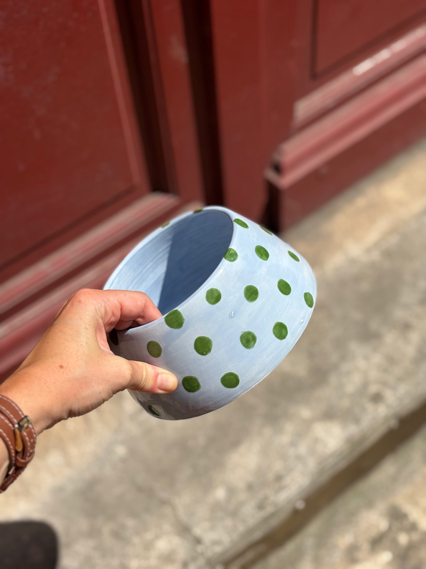 Gamelle cocker en céramique - Polka Bleu & Vert
