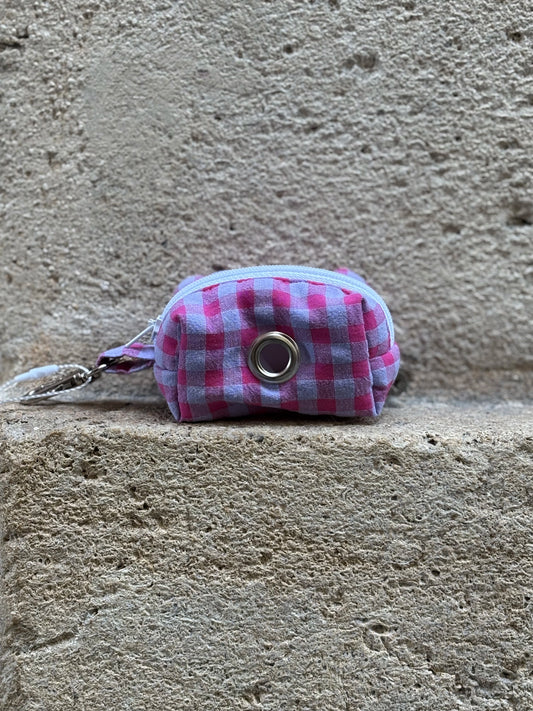 Pink and lilac gingham poop bag holder
