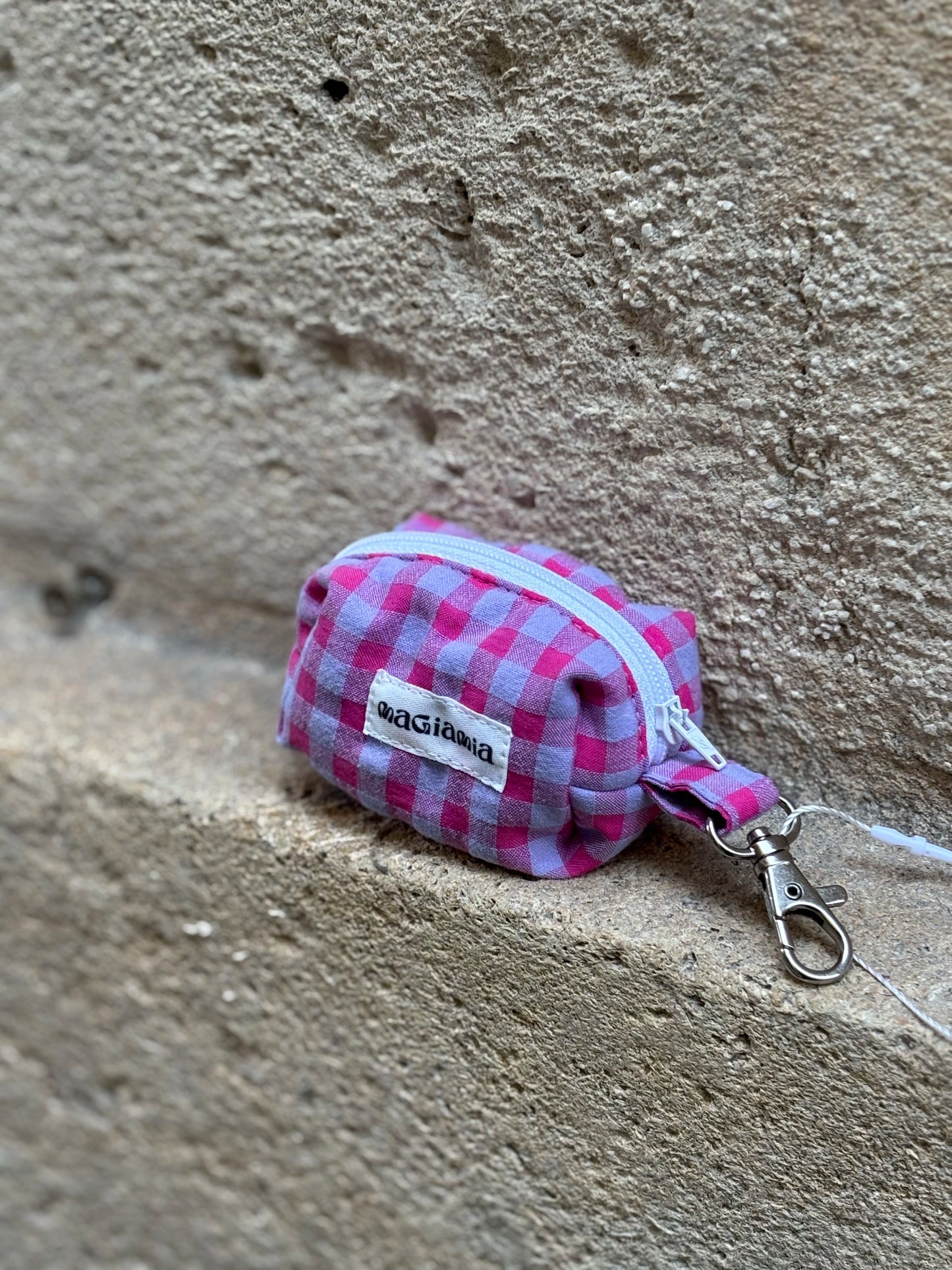 Porte-sacs à déjections vichy rose et lila