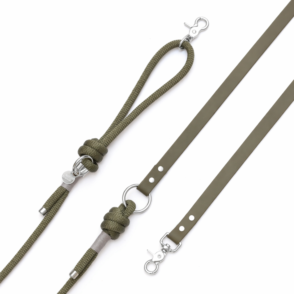 Laisse mains-libres Kaki en corde et biothane